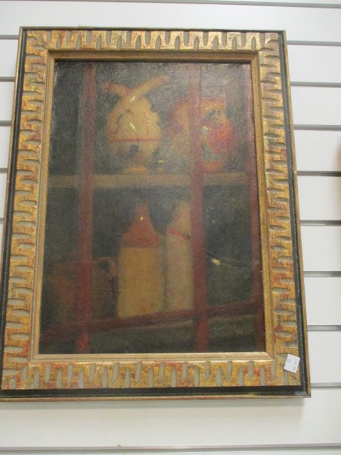 Vintage Framed Stoneware Jugs in Cupboard Still Life: 16 1/2" x 21 1/4", some crazing