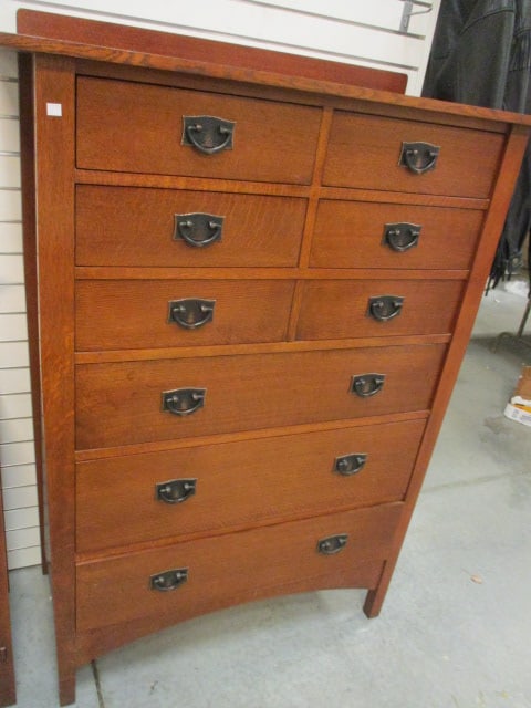 Stickley Arts & Craft Style 4 over 4 Chest: 43" x 20" x 60"(top of backsplash), dovetail drawers,