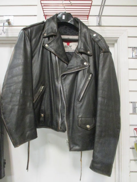BOY London Black Leather Classic Style Motorcycle Biker Jacket: Size Large, appears to be men's-preview for fit