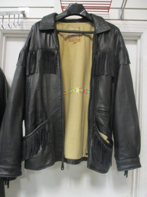 M. Julian Adventures Black Leather Fringed Motorcycle Biker Jacket: Size Medium, appears to be men's-preview for fit