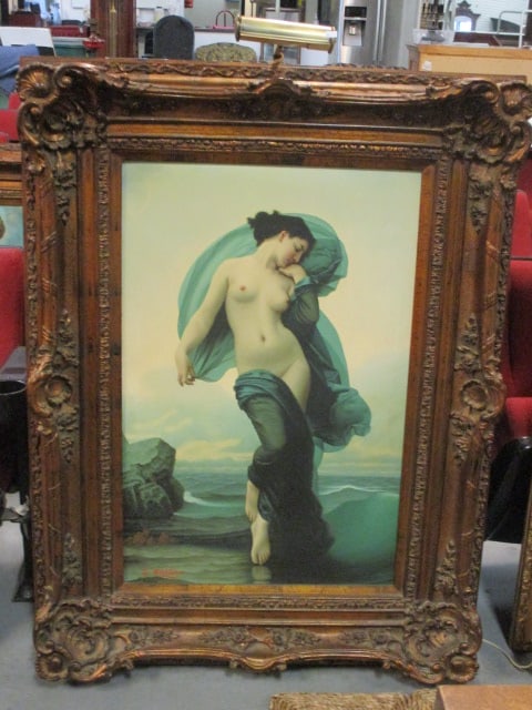 Romantic Academic Style Artist Signed Classical Female Semi-Nude Figural Painting: 39" x 51" x 5 1/4", Has brass museum light, see pictures and preview for signature, Due to size Local Pickup Suggested, Please Call UPS Store at (864)268-6068 for shipping quote