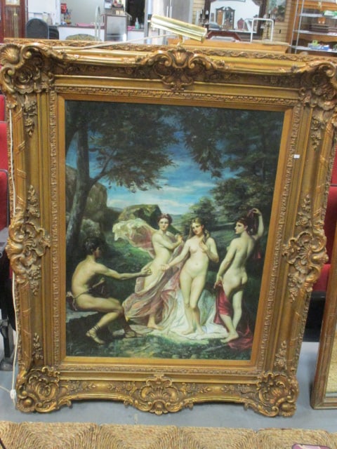 Large Classical Style "Three Graces" Semi-Nude Figural Painting in Romantic: Academic Style. 45" x 54 1/2" x 5"", Has brass museum light, Due to size Local Pickup Suggested, Please Call UPS Store at (864)268-6068 for shipping quote