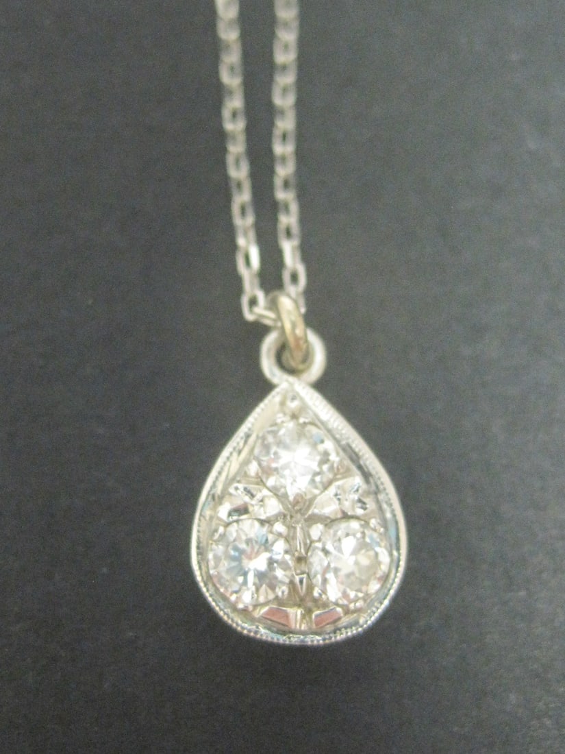 14k Gold White Diamond Pendant w/ 16" 14k Gold Chain: 3 Round Diamonds totalling .50 Carat, High Grade, Appraised at $1450. See Appraisal Photos for Specs