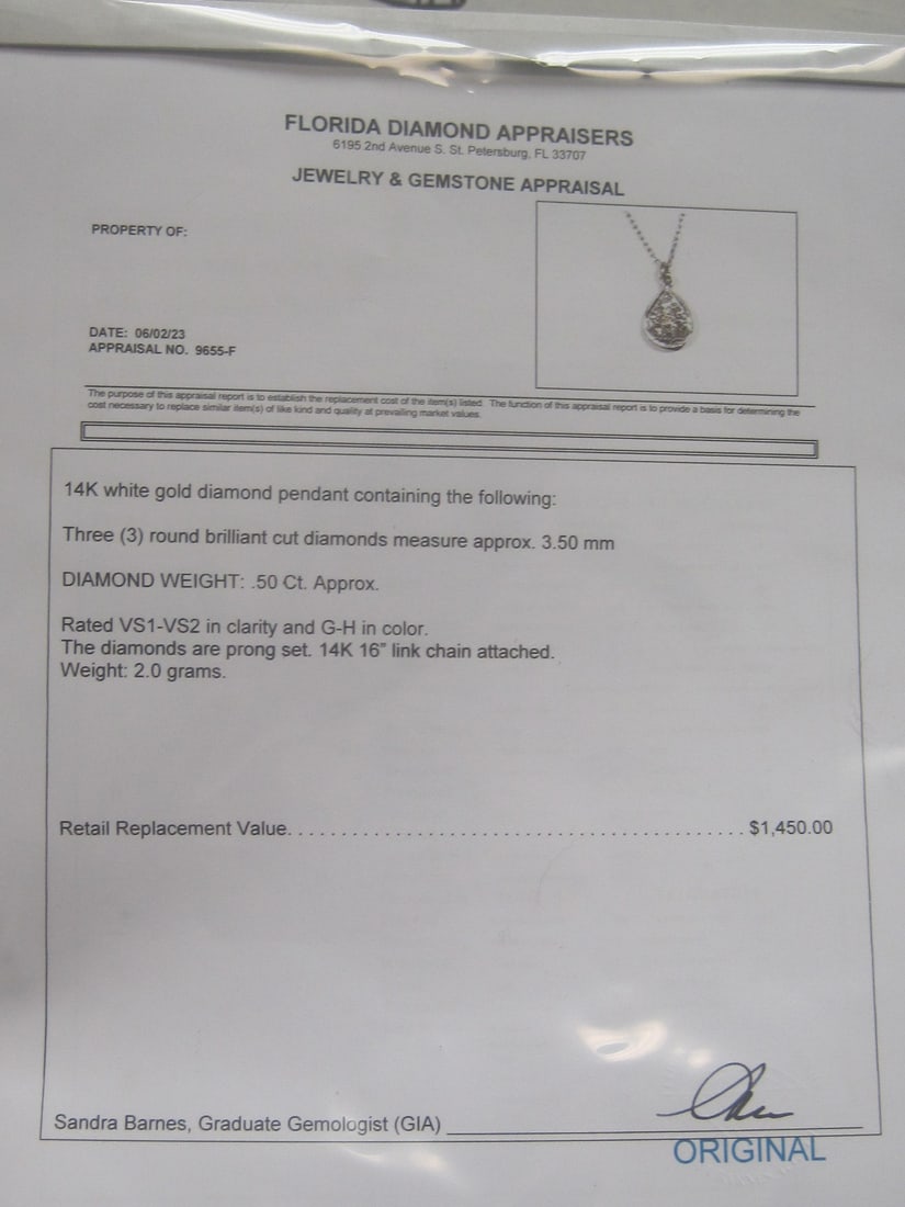 14k Gold White Diamond Pendant w/ 16" 14k Gold Chain - 5