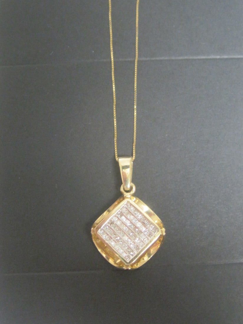 14k Gold Diamond Pendant on 18" 14k Gold Box Link Chain: 56 Square Cut Diamonds totalling 1 Carat. Appraised at $1750. See Appraisal Photos for Specs