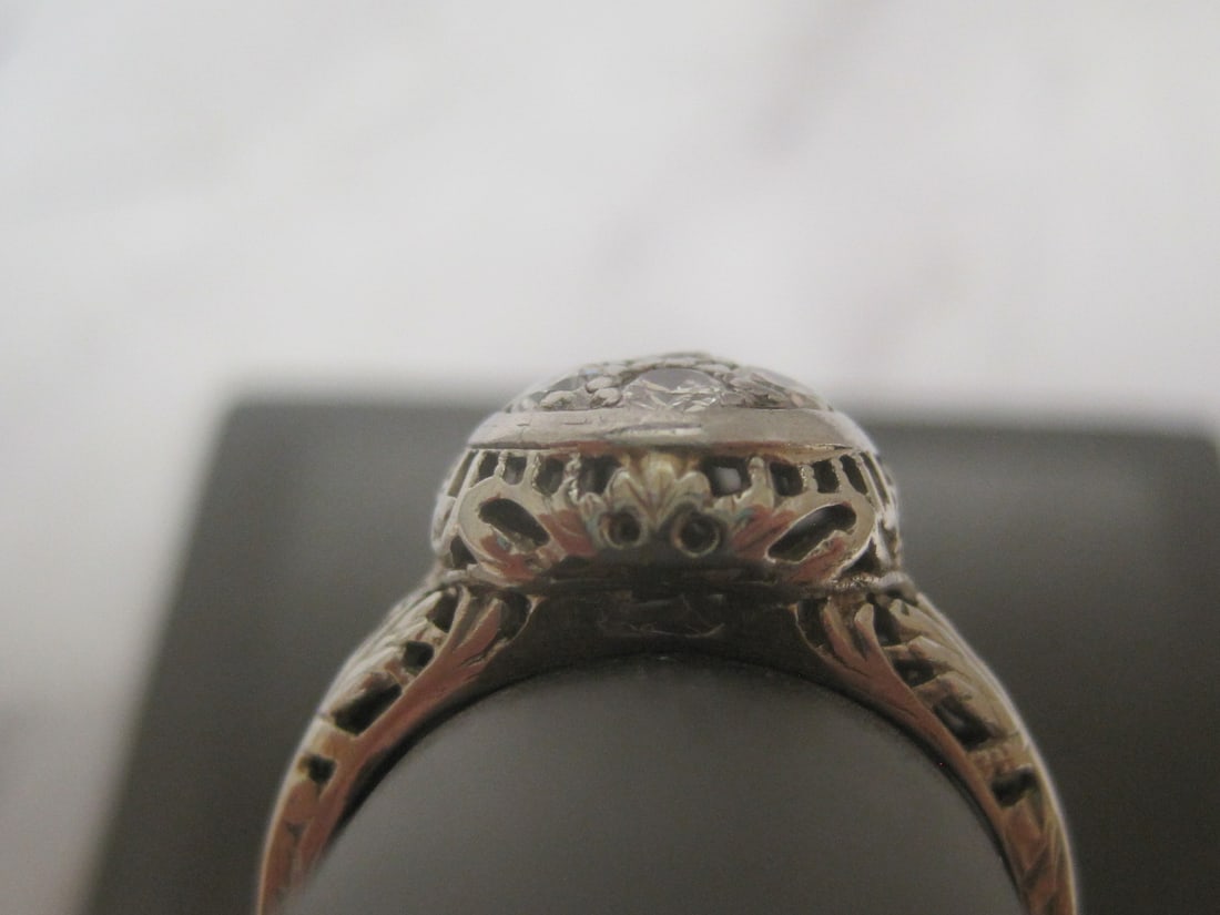Antique 18k Gold Diamond Filigree White Gold Ring - 4