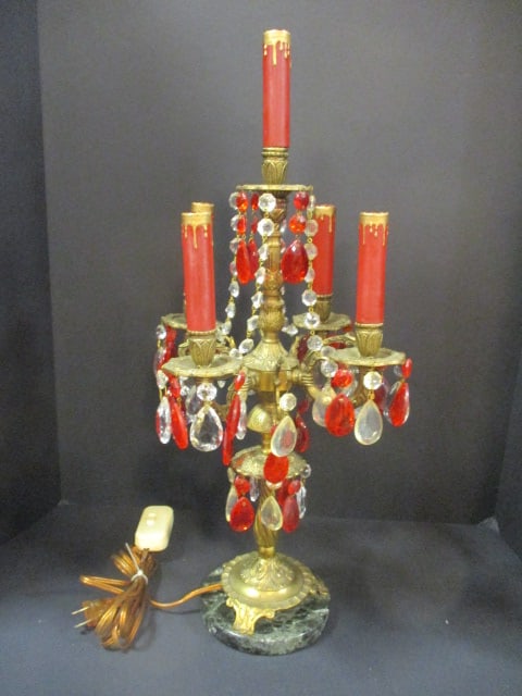 Electric Hollywood Regency Style 5 Lite Candelabra with Prisms: 22 1/2"h, black marble base with clear and red prisms, Local Pickup Only