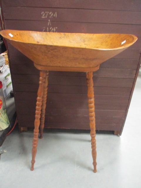 Antique Free Standing Wood Dough Bowl on Turned Bobbin Spindle Legs: 23" x 13 1/2" x 30 1/2", some age/use wear, Local Pickup Only