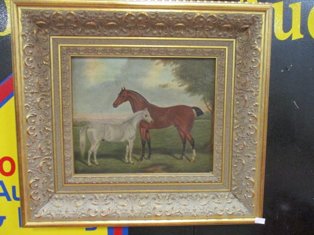 Vintage Traditional Equestrian Painting of Chestnut Mare and White Foal: Ornate Gold Gilded Frame 20 1/4" x 18 1/4
