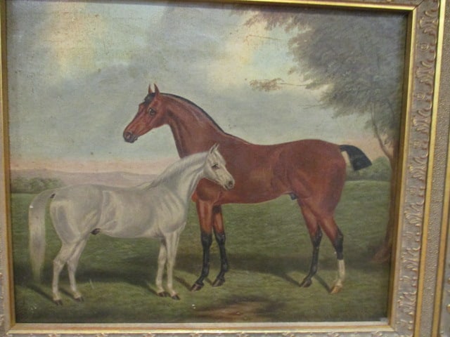Vintage Traditional Equestrian Painting of Chestnut Mare and White Foal - 2
