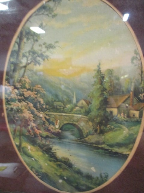 Vintage Country Village Landscape Lithograph in Black Ebonized Hand Decorated Frame - 2
