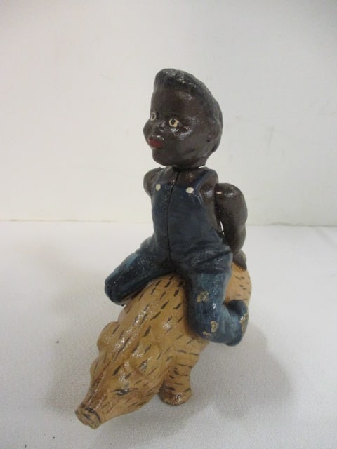 Handpainted Black Americana Boy on Pig Cast Metal Coin Bank: 4 3/4"h