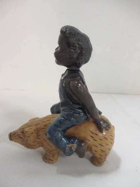 Handpainted Black Americana Boy on Pig Cast Metal Coin Bank - 2