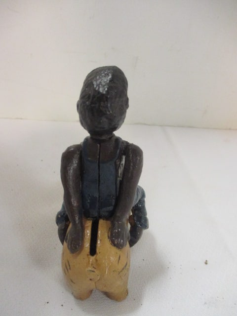 Handpainted Black Americana Boy on Pig Cast Metal Coin Bank - 3