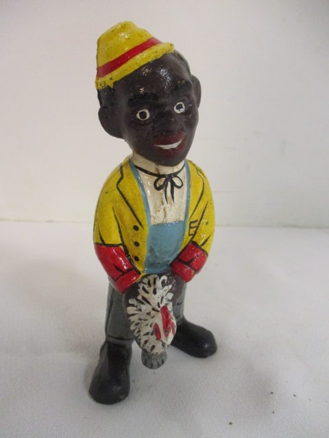 Handpainted Black Americana Man with Chicken Cast Metal Coin Bank: 5 1/4"h