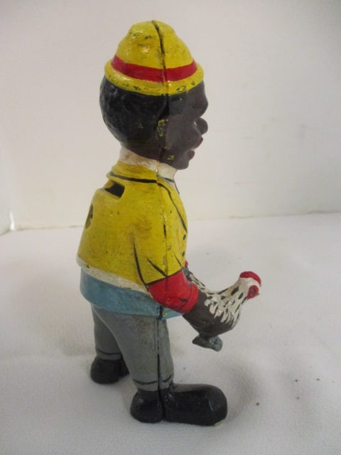 Handpainted Black Americana Man with Chicken Cast Metal Coin Bank - 2
