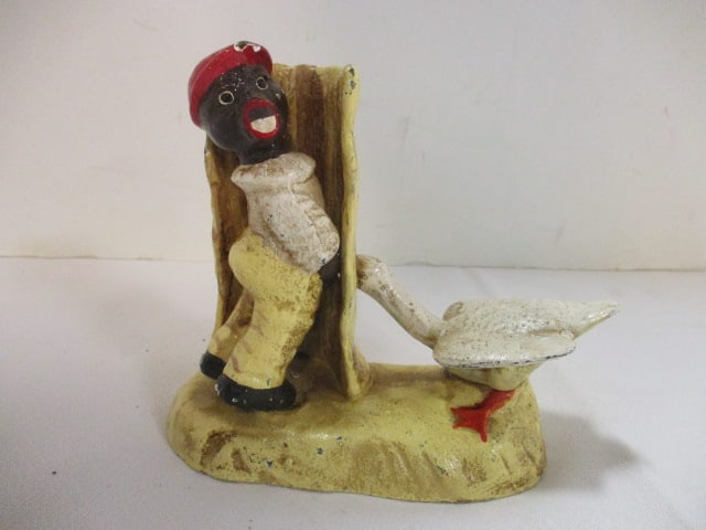 Handpainted Black Americana Man with Goose Cast Metal Novelty Figure: 5"h, few paint chips