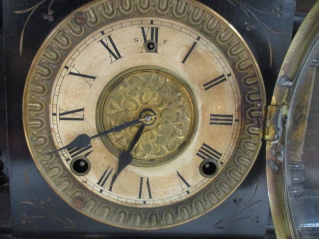 Antique Ebonized Mantle Clock Pillar & Scroll w/Lion Head Ring Handles - 2