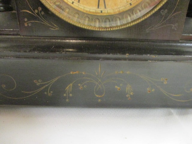 Antique Ebonized Mantle Clock Pillar & Scroll w/Lion Head Ring Handles - 3