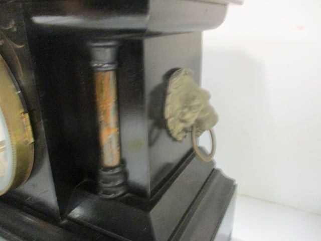 Antique Ebonized Mantle Clock Pillar & Scroll w/Lion Head Ring Handles - 4