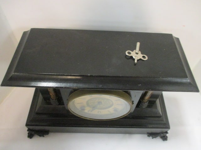 Antique Ebonized Mantle Clock Pillar & Scroll w/Lion Head Ring Handles - 5