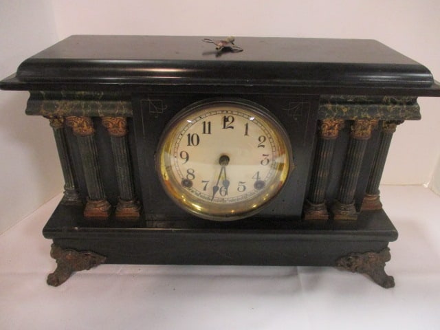 Antique Ebonized Sessions Clock Co. Pillar and Scroll Mantle Clock: 17" x 6" x 10 1/2", has pendulum and key, will wind, tick and chime, has convex bubble glass crystal
