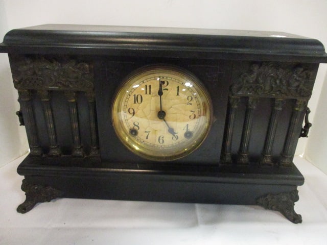 Antique Ebonized Sessions Clock Co. Pillar and Scroll Mantle Clock w/ Ring Handles: 18" x 5 1/2" x 11", has pendulum, Does not have will wind with test key, ticks and chimes(hand chime position needs adjusting), has convex bubble glass crystal