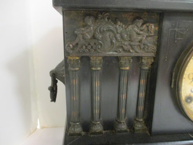 Antique Ebonized Sessions Clock Co. Pillar and Scroll Mantle Clock w/ Ring Handles - 5