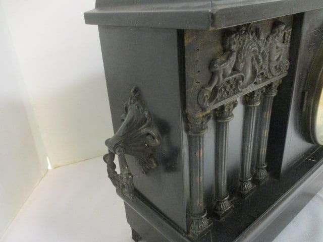 Antique Ebonized Sessions Clock Co. Pillar and Scroll Mantle Clock w/ Ring Handles - 6