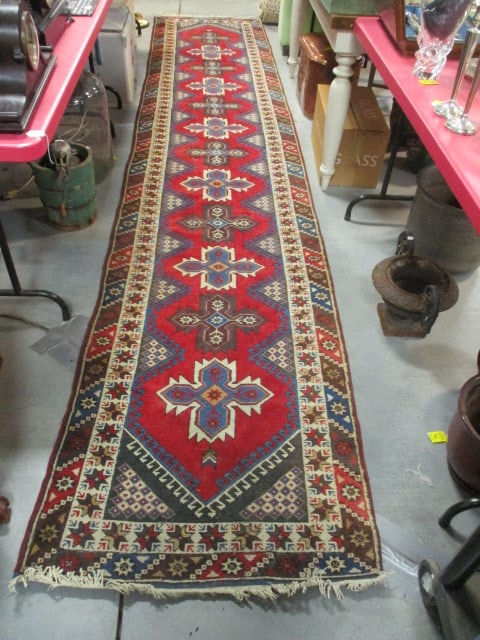 Vintage Hand Knotted Caucasian Kazak Style Geometric Design Runner: approx. 3' x 16', shows some insect related pile loss visible on one end border area, some use wear to fringe-see pictures and preview, Local Pickup