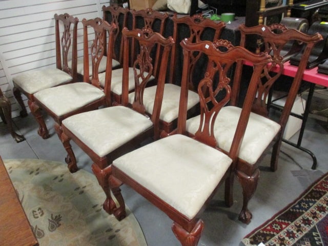 Eight Bernhardt Chippendale Style Side Chairs with Damask Fabric Seats: 25"w, carved ball and claw feet, has a few spots on seats, Local Pickup Only