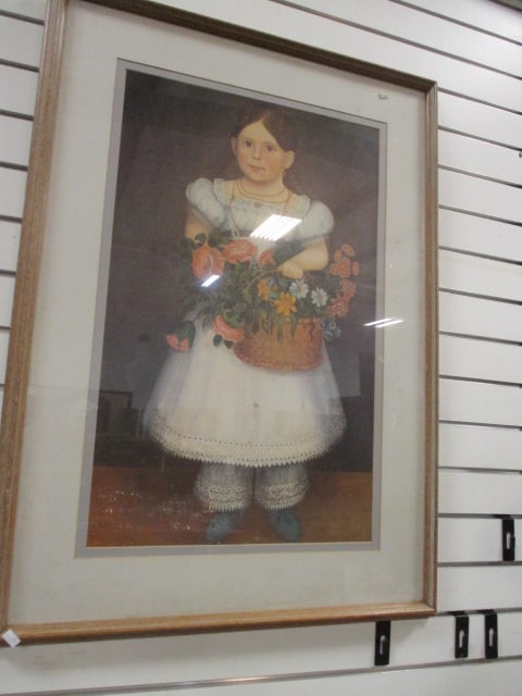 Print of "Girl with Basket of Flowers" by Hedgerow House: Framed and matted 26" x 35 3/4", Local Pickup Only