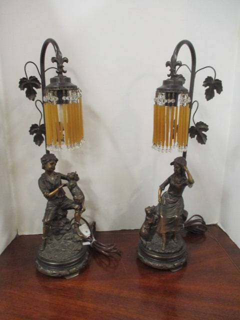 Pair of Sculpted Figural Lamps with Beaded Fringe Shades: 20 1/2"h, missing a few beaded fringes, Local Pickup Only