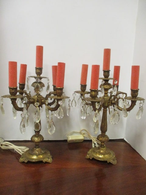Pair of Electric Hollywood Regency Style 5 Lite Candelabra with Prisms: 16 3/4"h, pink flocked candle stick covers, Local Pickup Only