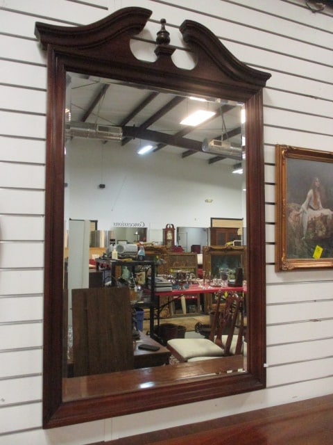 Mahogany Broken Pediment Style Beveled Mirror: approx. 33" x 50", Local Pickup Only