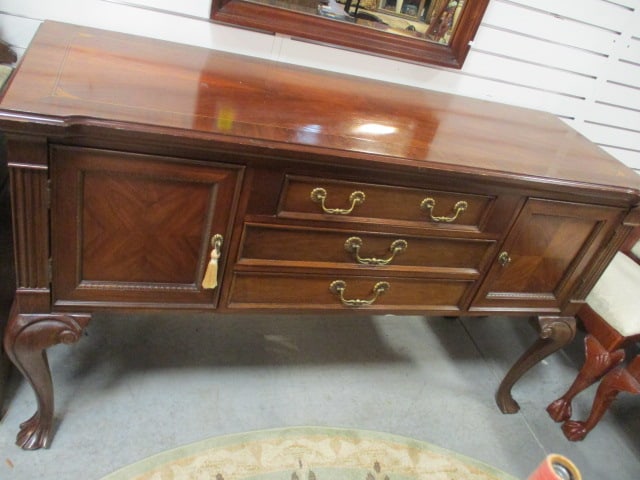 Bernhardt Banded Inlaid Mahogany French Provencial Style Server: 63" x 22" x 37 1/4", three dovetail drawers, two hinged doors, one drawer has removable flatware tray, some scuffs and one spot of finish wear on top, Local Pickup Only