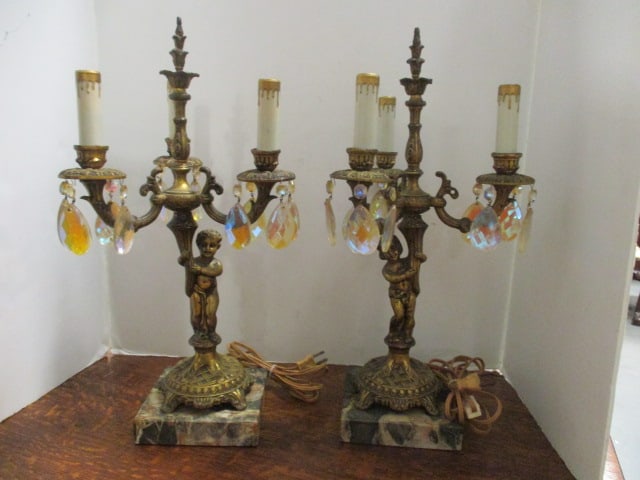 Pair of Electric Hollywood Regency Style 3 Lite Cherub Figural Candelabra with Prisms: 19"h, marble bases