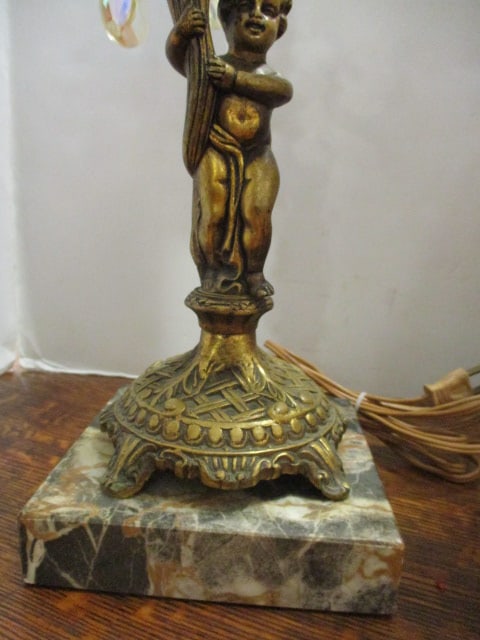 Pair of Electric Hollywood Regency Style 3 Lite Cherub Figural Candelabra with Prisms - 2