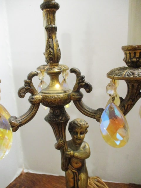 Pair of Electric Hollywood Regency Style 3 Lite Cherub Figural Candelabra with Prisms - 3