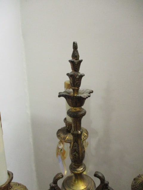 Pair of Electric Hollywood Regency Style 3 Lite Cherub Figural Candelabra with Prisms - 4