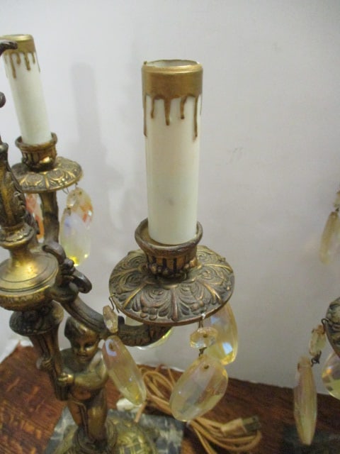 Pair of Electric Hollywood Regency Style 3 Lite Cherub Figural Candelabra with Prisms - 5