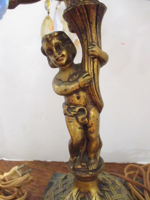 Pair of Electric Hollywood Regency Style 3 Lite Cherub Figural Candelabra with Prisms - 6