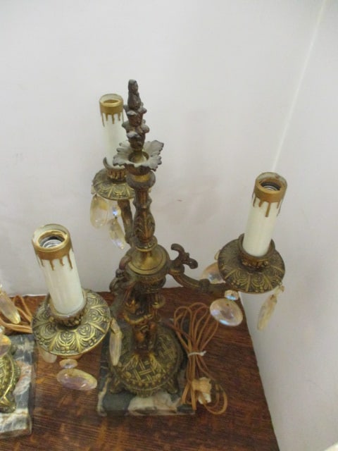 Pair of Electric Hollywood Regency Style 3 Lite Cherub Figural Candelabra with Prisms - 7