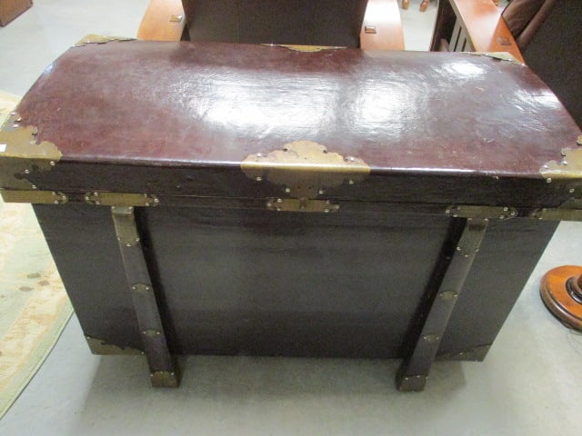 Textured Leather Look Lidded Trunk with Brass Accents: 40" x 20" x 28", Lidded trunk-does not have hinges, has some tape residue on one side, Local Pickup Only