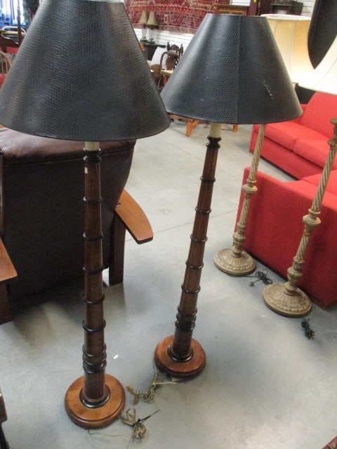 Pair of Bamboo Look Candle Stick Floor Lamps: 59 1/2"h, one shade has a tear and missing finial, Local Pickup Only