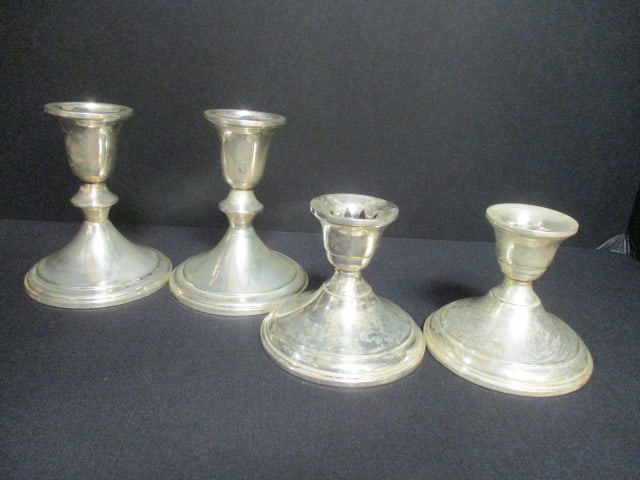 Two Pair of Weighted Sterling Candle Holders: (2)3 1/4"h, (2)4 1/4"h-Towle, both sets have some dings