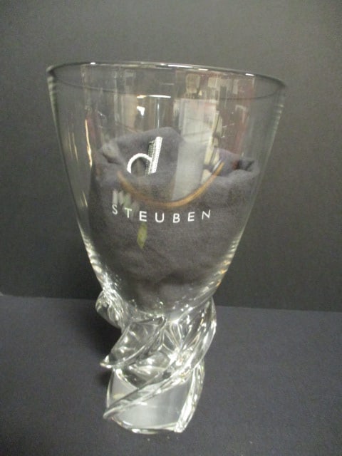 Steuben Crystal Flared Trumpet Form Vase with Sculptural Twisted Base: 6 1/2"dia at mouth, 11"h, has dust bag and original box