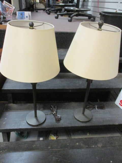 Pair of Bronzed Metal Table Lamps: 28 1/2"h, one missing finial spacer, Local Pickup Only