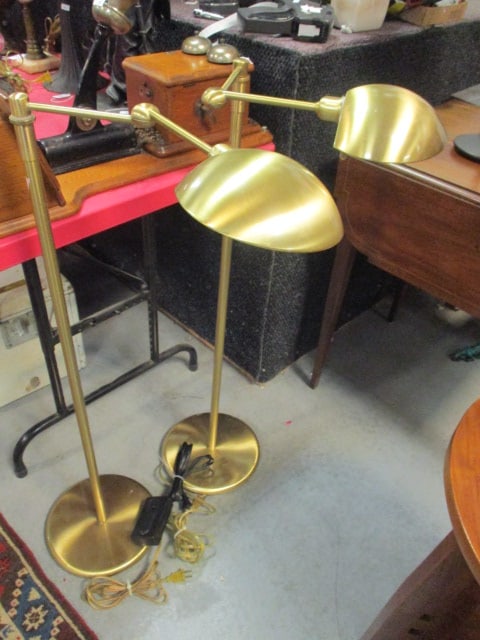 Pair of Brushed Brass Swing Arm Halogen Bulb Floor Lamps: 39"h, lamps don't have on/off switch on lamp-consigner used a power cord with dimmer control, Local Pickup Only