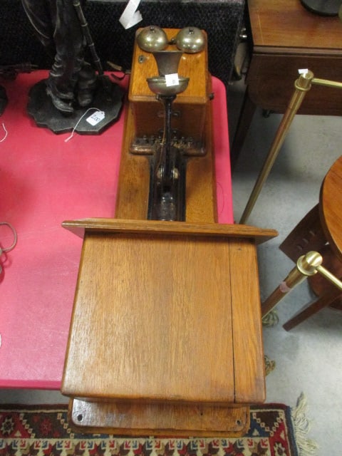 Antique Western Electric Co. Oak Double Box Hand Crank Wall Telephone: 12" x 32 1/2" x 8 3/4", does not have ear piece, bottom box has split on front, Local Pickup Suggested
